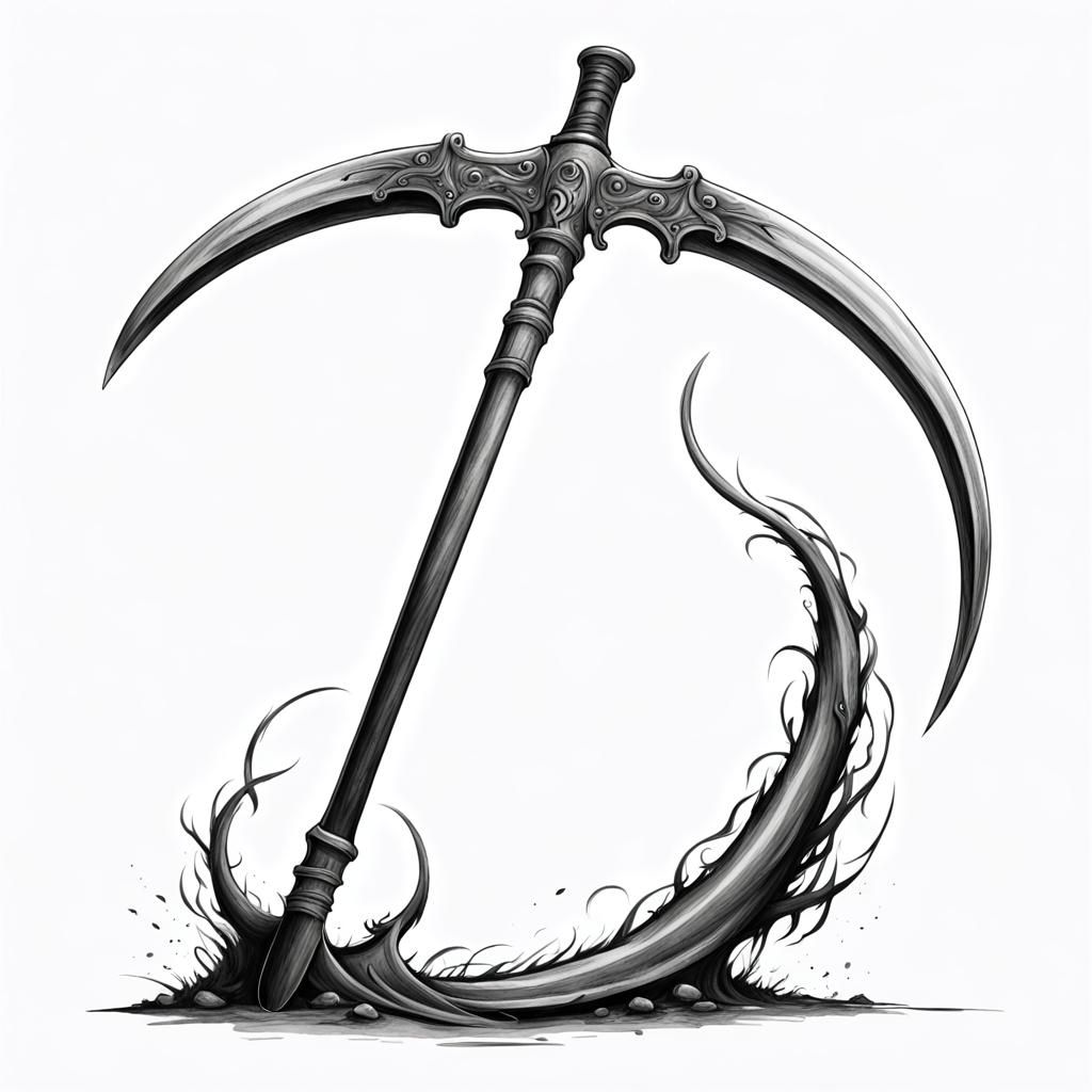 Detailed Ink Sketch of a Scythe