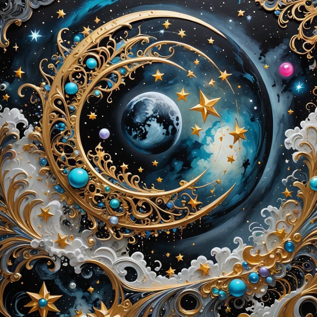 Crescent Moon Eclipse with Filigree in Graffiti Art