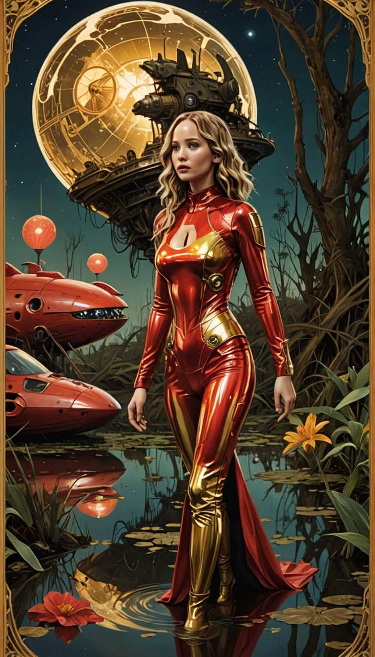 Jennifer Lawrence in Alphonse Mucha Style Sci-Fi Scene