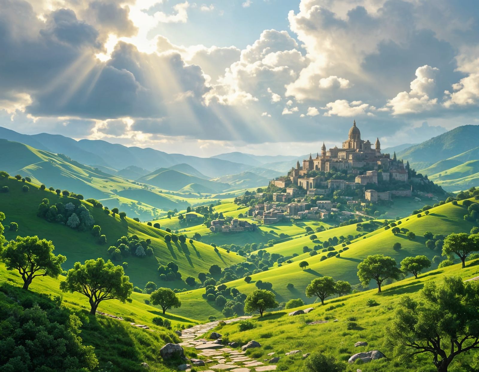 Concept art. A vast green semi-mountainous region with a cit...