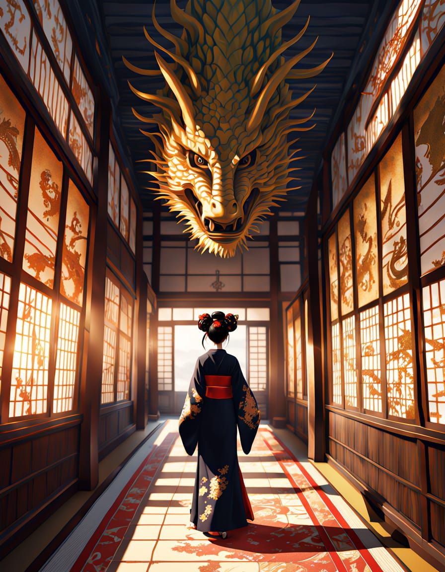 Geisha with Dragon in Ancient Japanese Castle