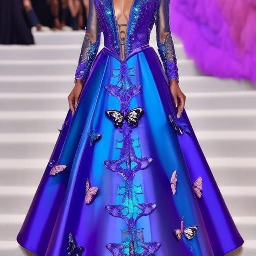 Metallic purple butterfly met gala dress decorated with blue holographic butterflies& ethereal vibes& magical vibes& but...