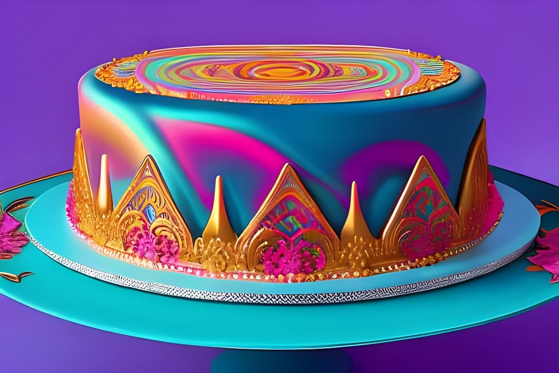 Delicious cake by Lisa Frank art deco romanesque surrealism mixed media 3ds Max trending on Artstation orange and teal h...