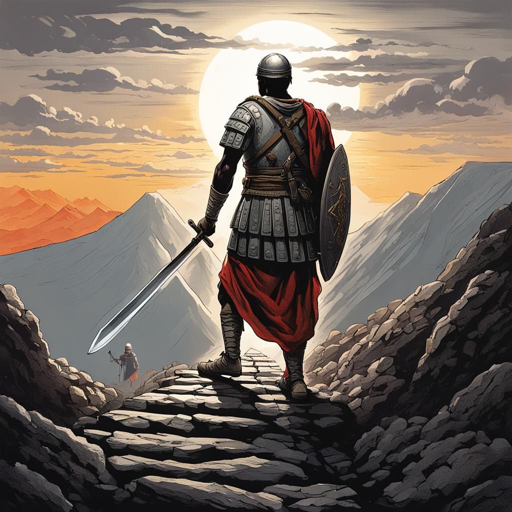 Black Roman Soldier's Journey to Mountain Cross