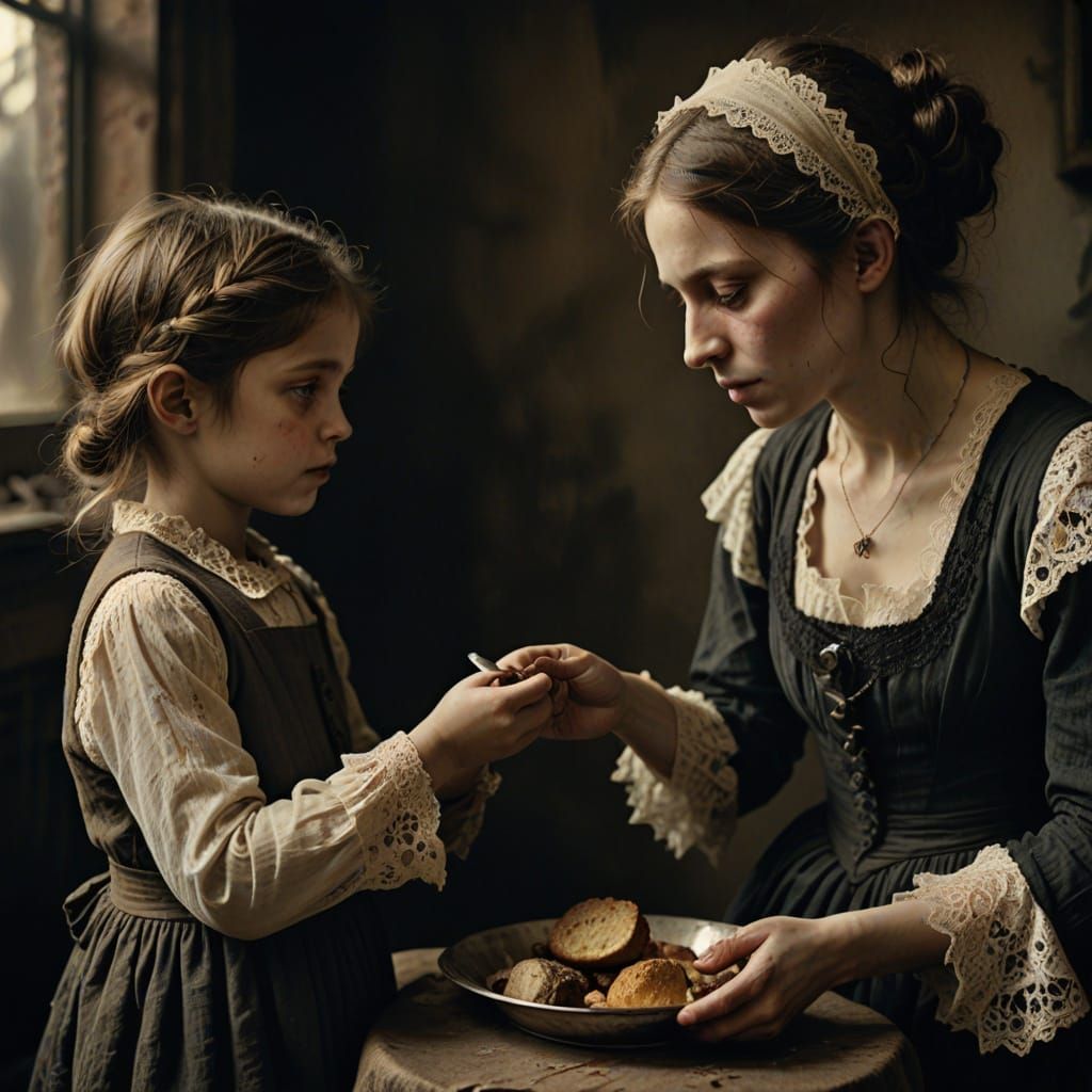 A Young Girl Receives Charity in a Victorian-Era Setting