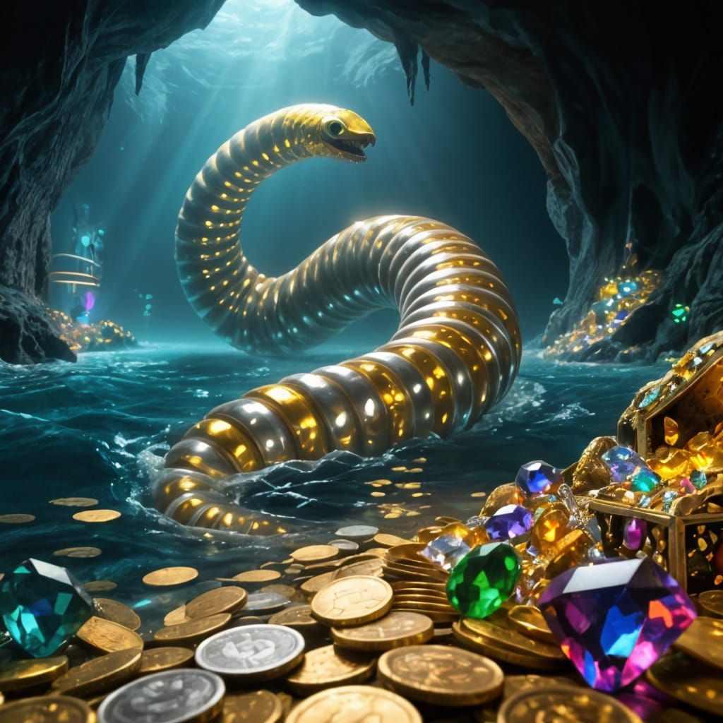 Colossal Gold Sandworm Swims Through Treasure Ocean