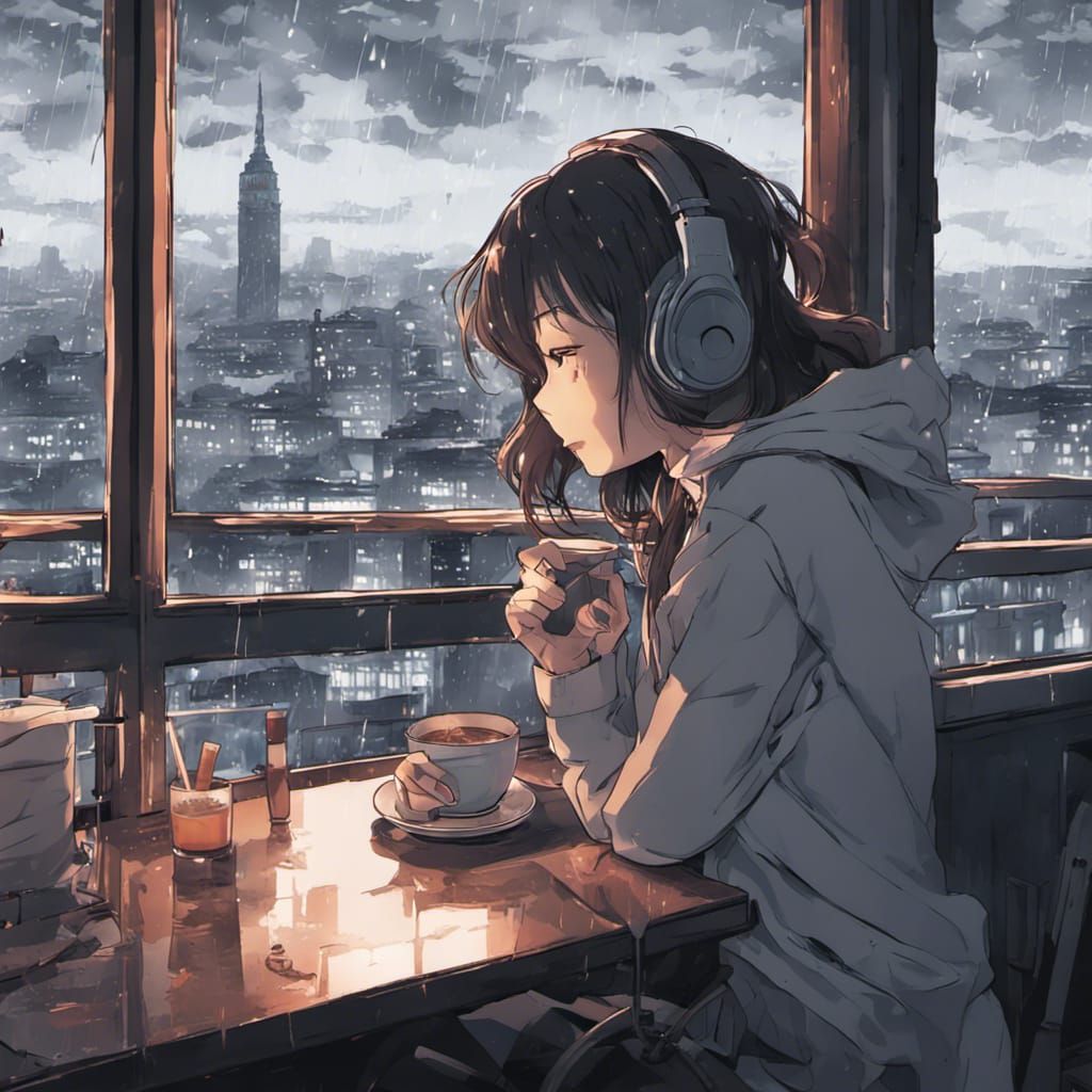 Woman in Cafe Listening to Music: Anime Art