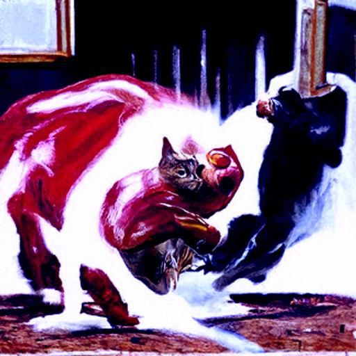 Superhero Cat Versus Living Bacon: Oil Painting