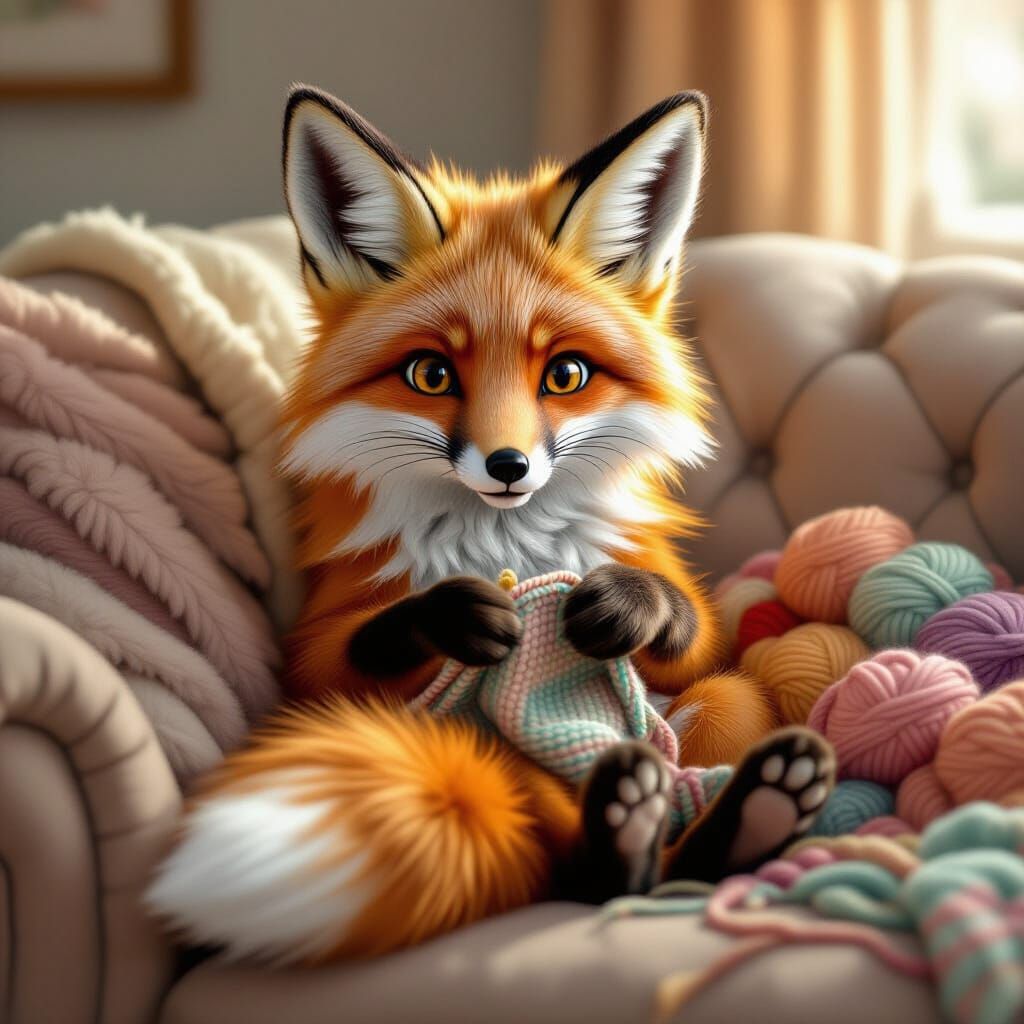 Fox Knitting on Couch, Digital Art Style