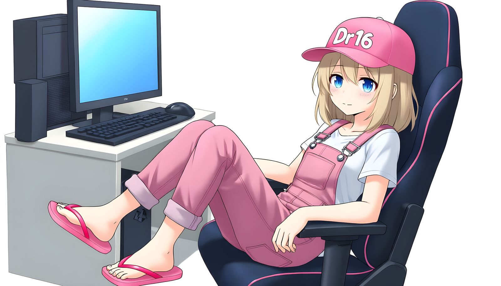 Anime Girl in Pink Dungarees Relaxes in Gamer Chair