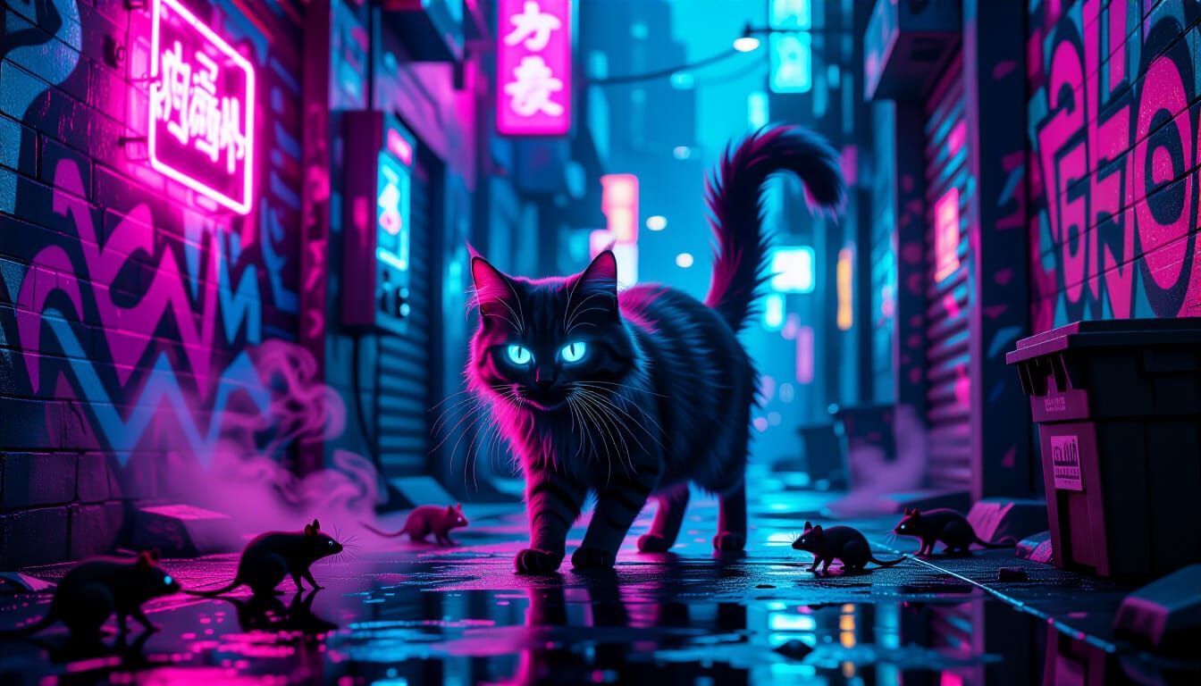 Cyberpunk Cat Prowls Neon City Alley