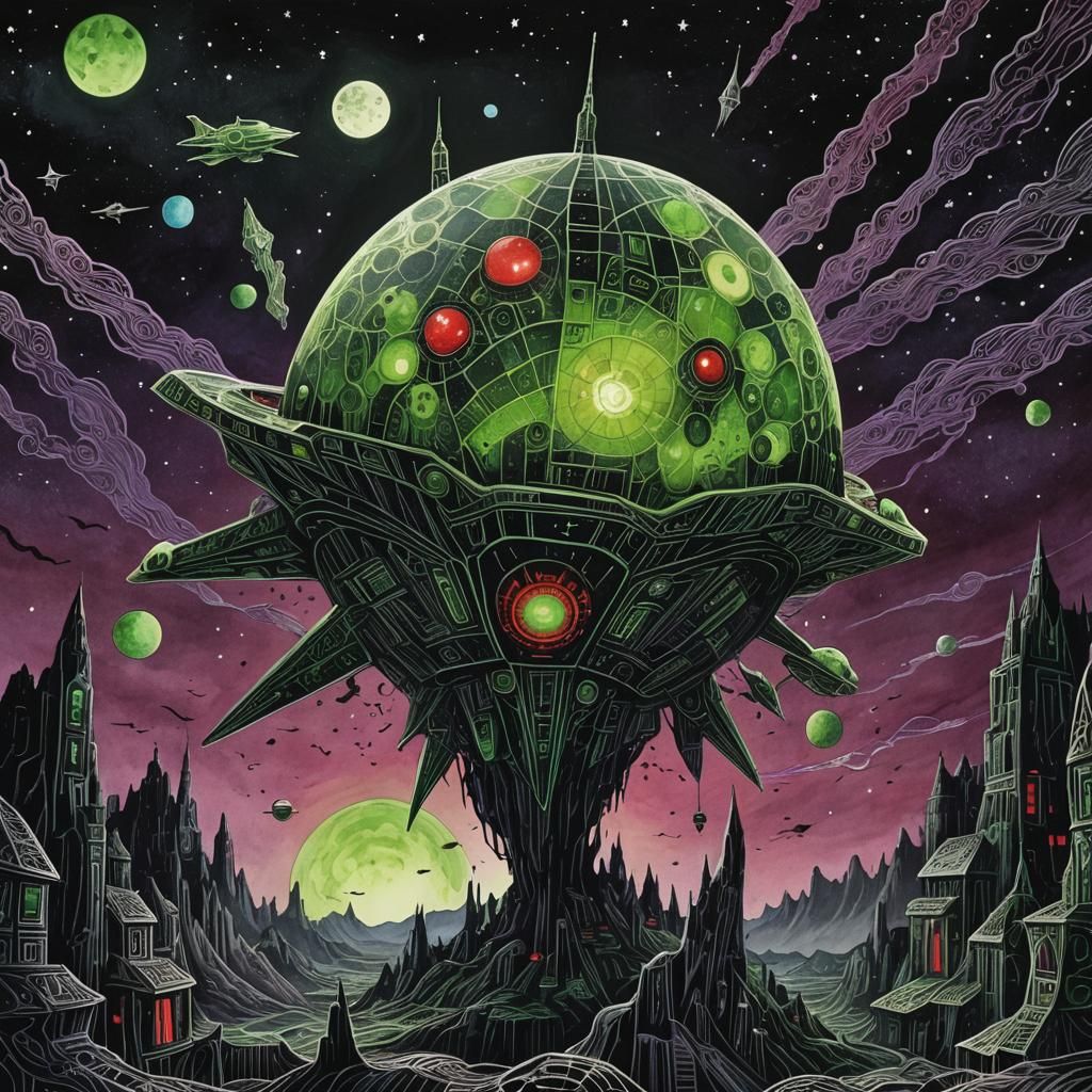 Planet Consuming Spaceship in Cosmic Horror Style