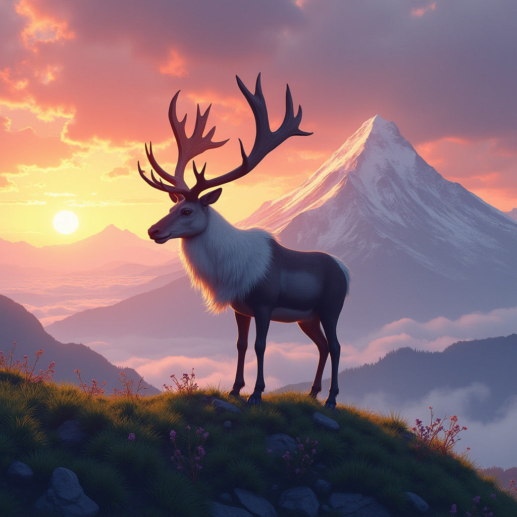Reindeer Sunset: Detailed Matte Painting in Fantasy Style