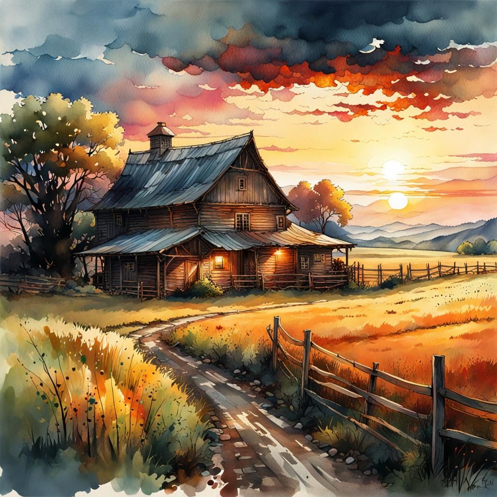 Farmhouse Sunset in Digital Watercolor Style