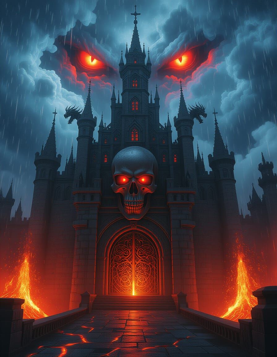 Dark Fantasy Castle with Skull Door and Dragon Gargoyles