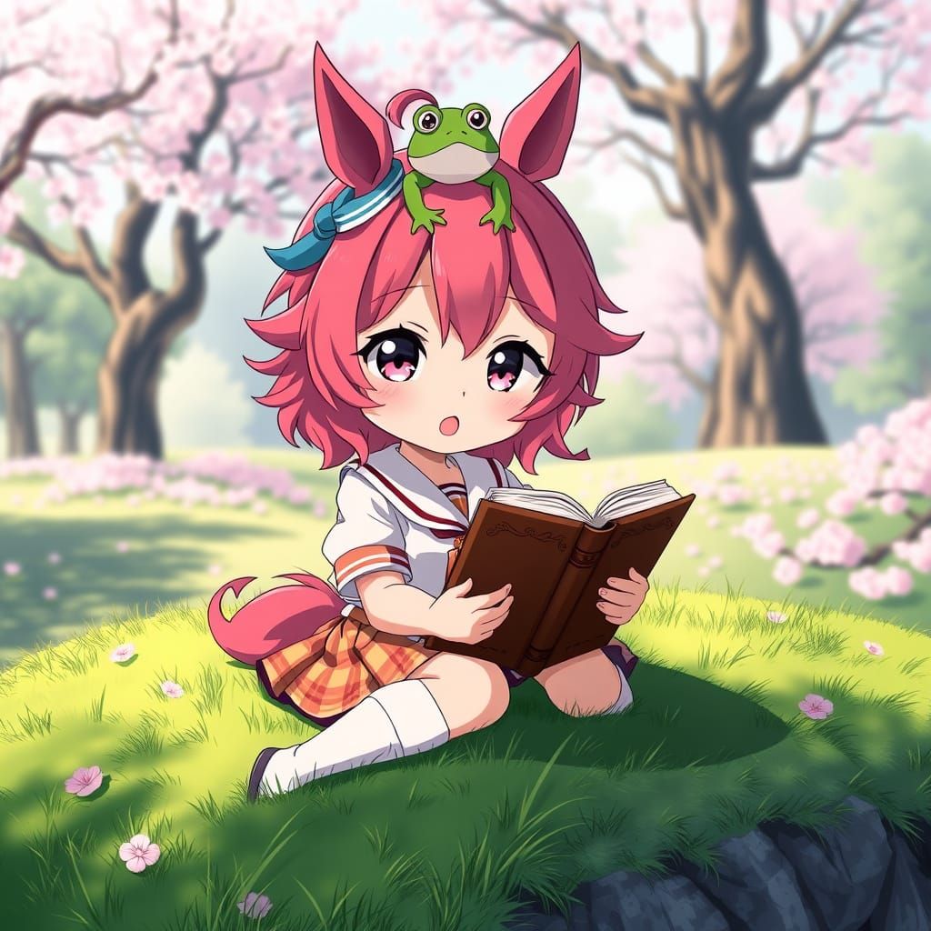 Charming Anime Girl in Traditional School Uniform Reads Book...