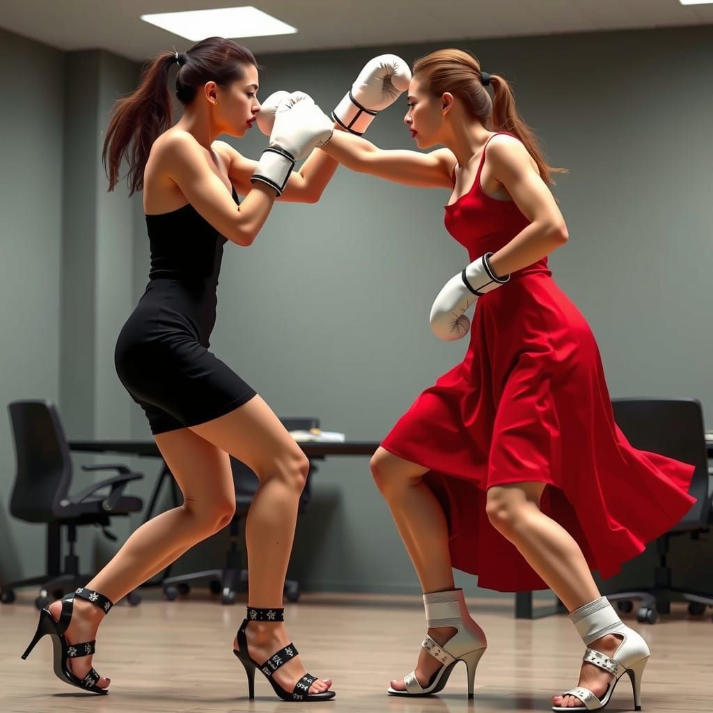 Fierce Female Boxers Clash in Luxurious Office Setting