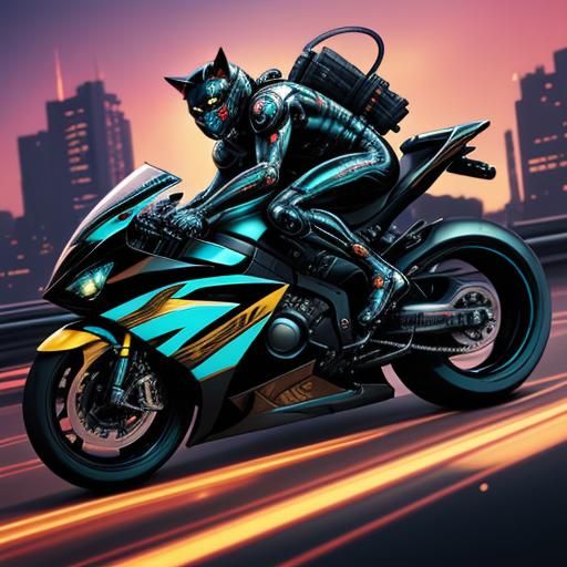 Armored Cat on Motorcycle in Comic Book Art