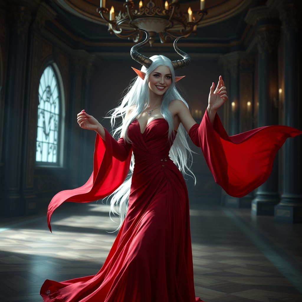 Elf Dances in Ballroom with Red Gown