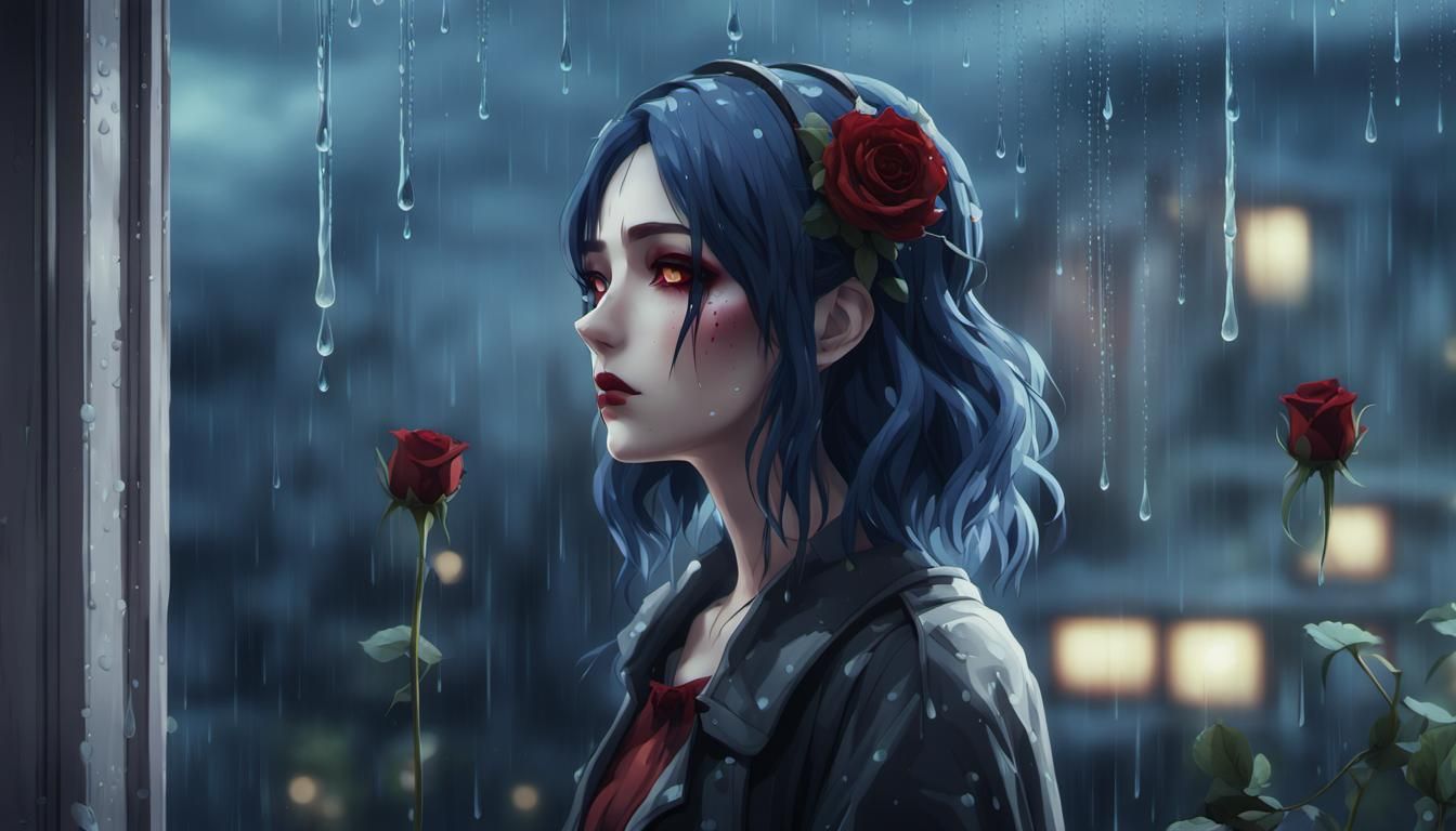 Anime Woman in Gothic Style Gazing at Rain