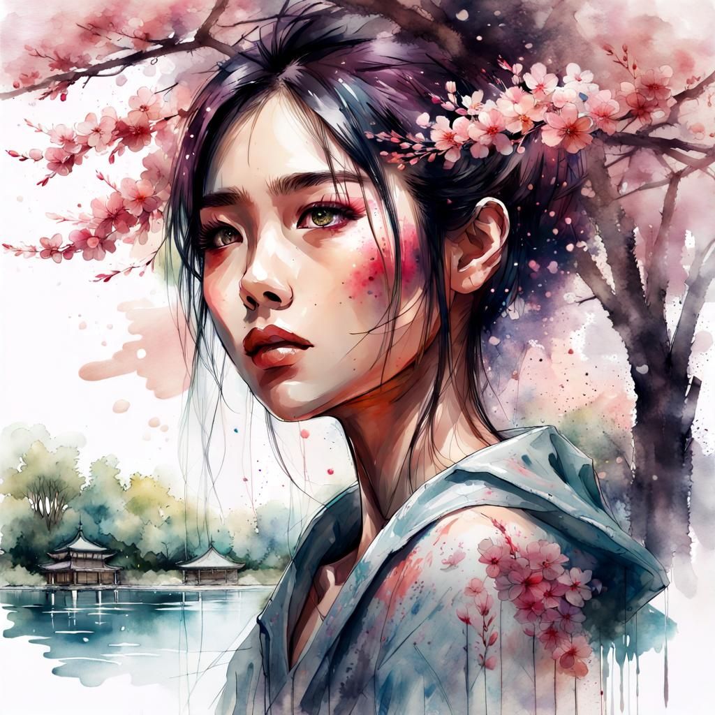 Beautiful Asian Girl in Sakura Park, Watercolor Art
