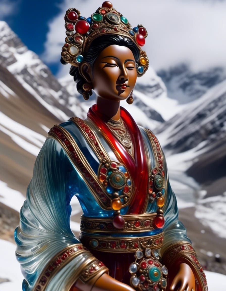 Translucent Tibetan Woman Glass Sculpture in Himalayas