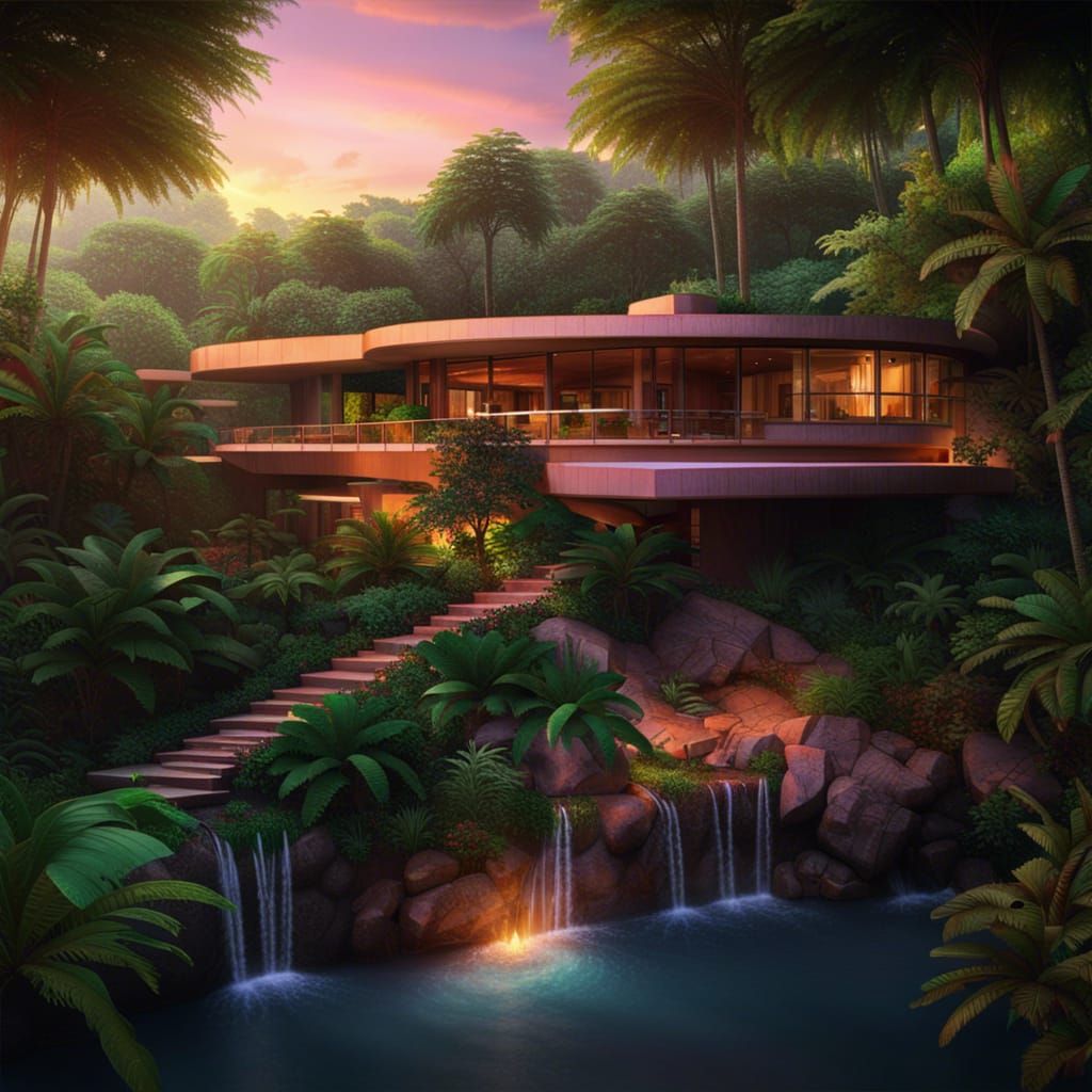 Photorealistic Frank Lloyd Wright Forest House at Sunset
