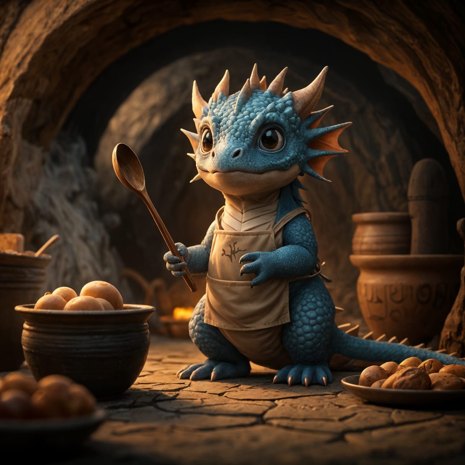 Baby Dragon Cooking in Cave Kitchen: 3D Anime Art