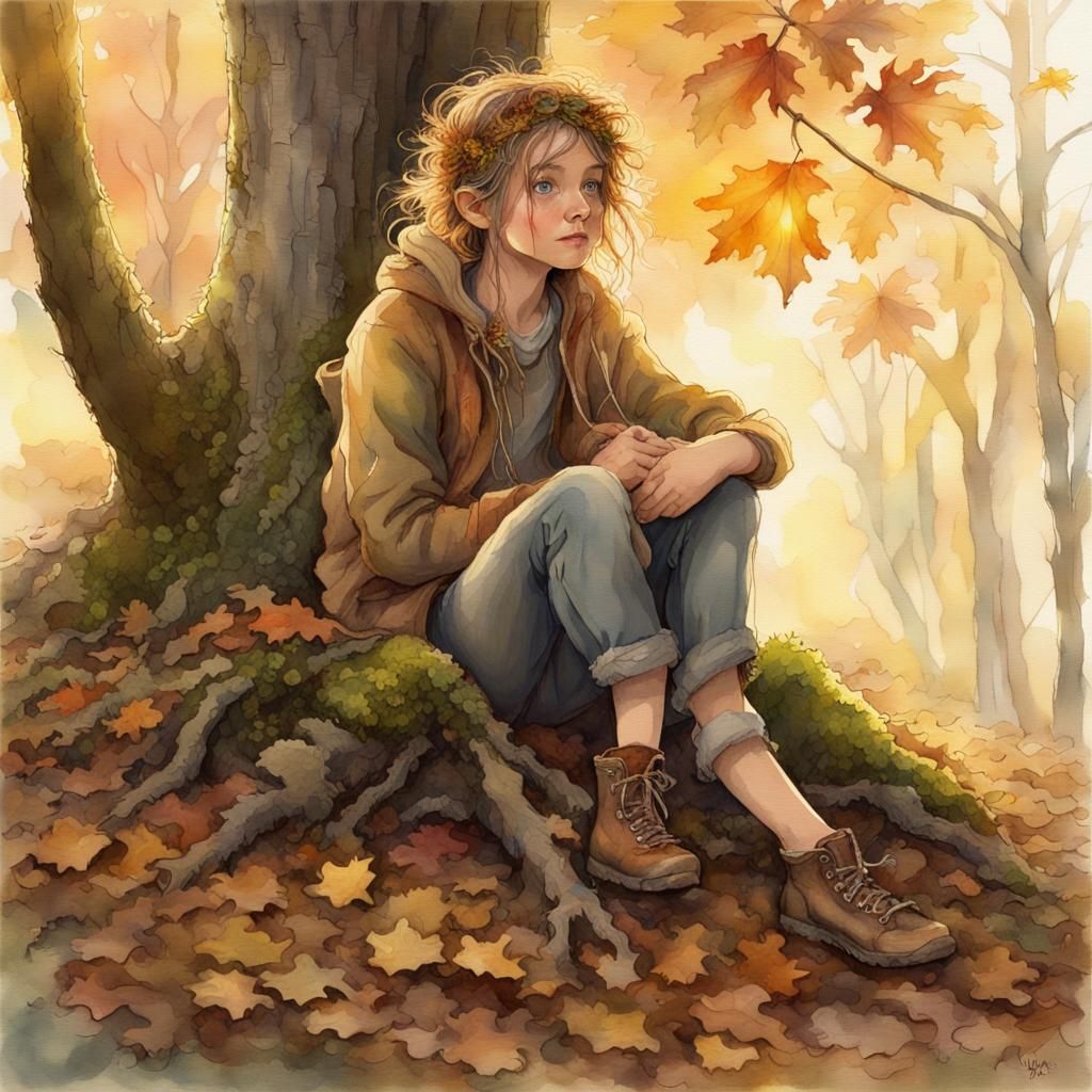 Woodland Fairy, Unkempt Hair Full of Moss, Twigs, and Dried Leaves, Wearing Worn Out Travel Clothes, Road Weary and Tire...