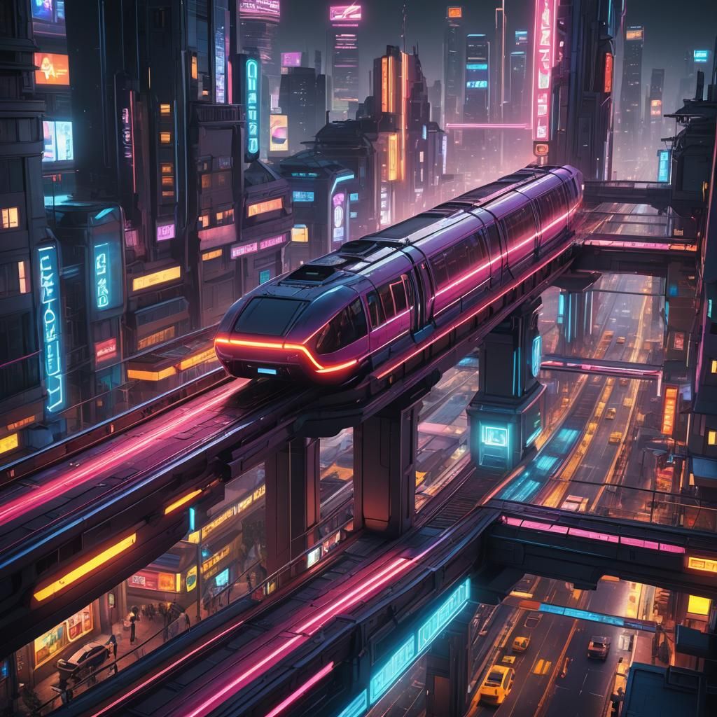 Futuristic Neon Cityscape with Monorail in Unreal Engine