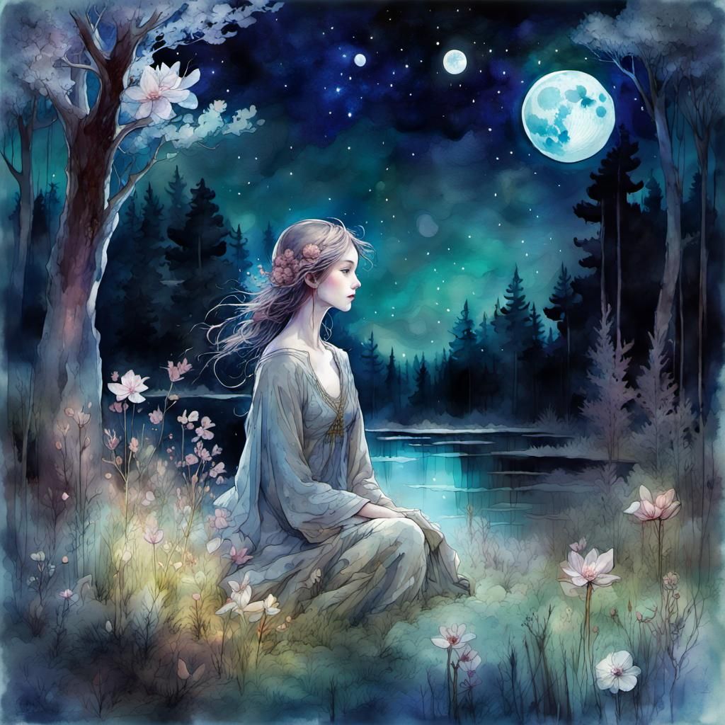 Moonlit Meadow Digital Watercolor with Constellations