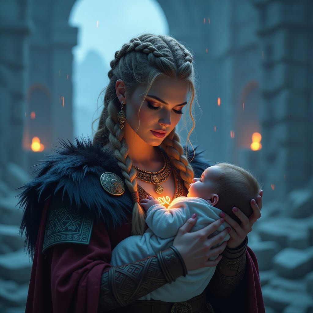 Glitch Art: Viking Shieldmaiden with Baby