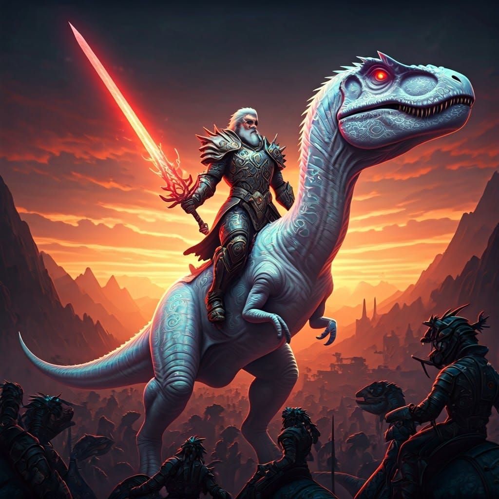 Opal Armored Warrior on T-Rex Faces Raptor Army