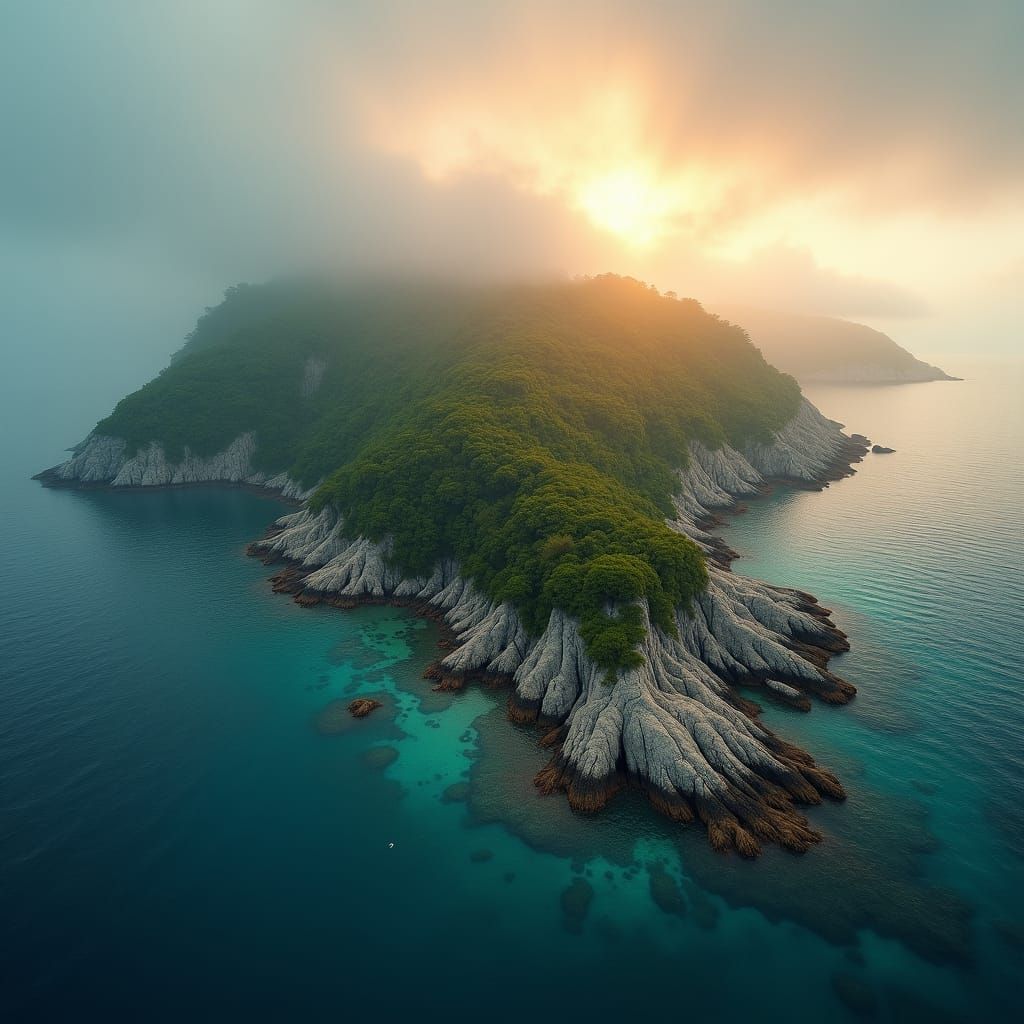 Sunrise Over Misty Archipelago Island: Hyperrealistic HDR