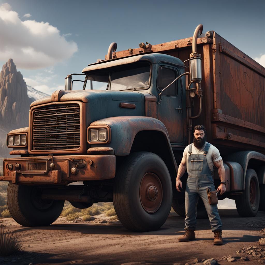 Mean Bearded Man Working on Truck, Detailed Matte Painting