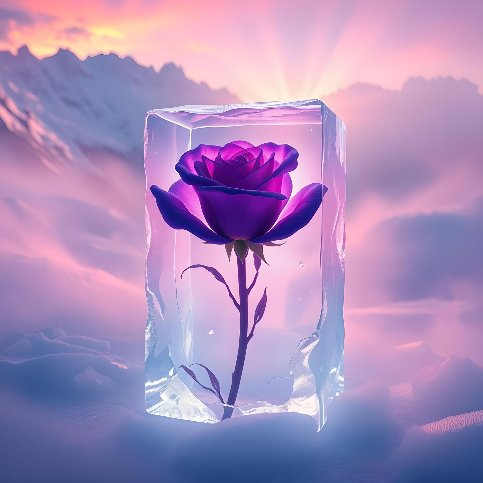 Glowing Rose in Ice Block Digital Art
