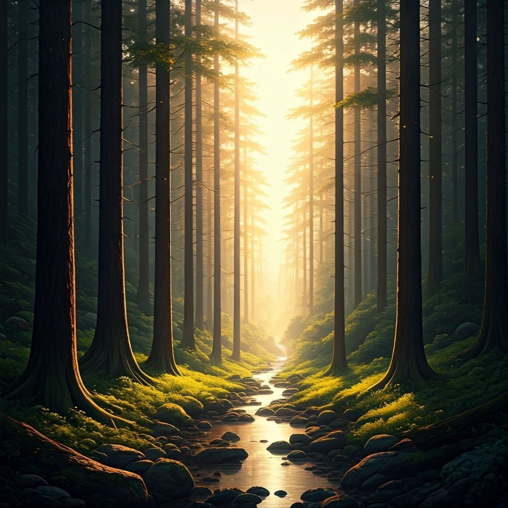 Radiant Holy Landscape with Divine Light and Forest Scenery