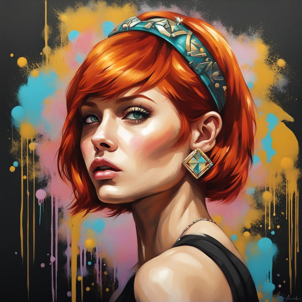 Redhead in Art Deco Graffiti Style with Crystal Headband