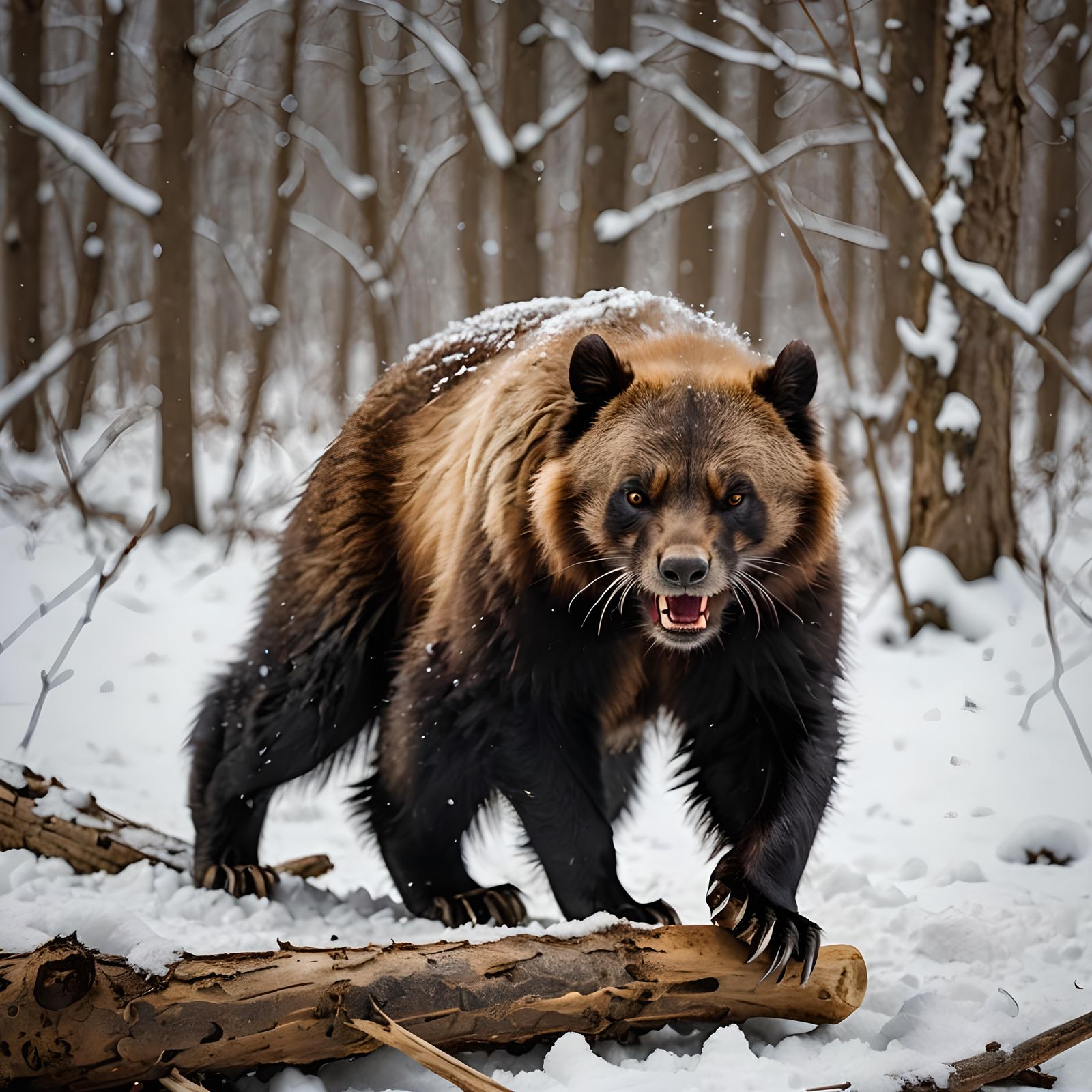 Wolverine Gnawing Bone in Snowy Habitat