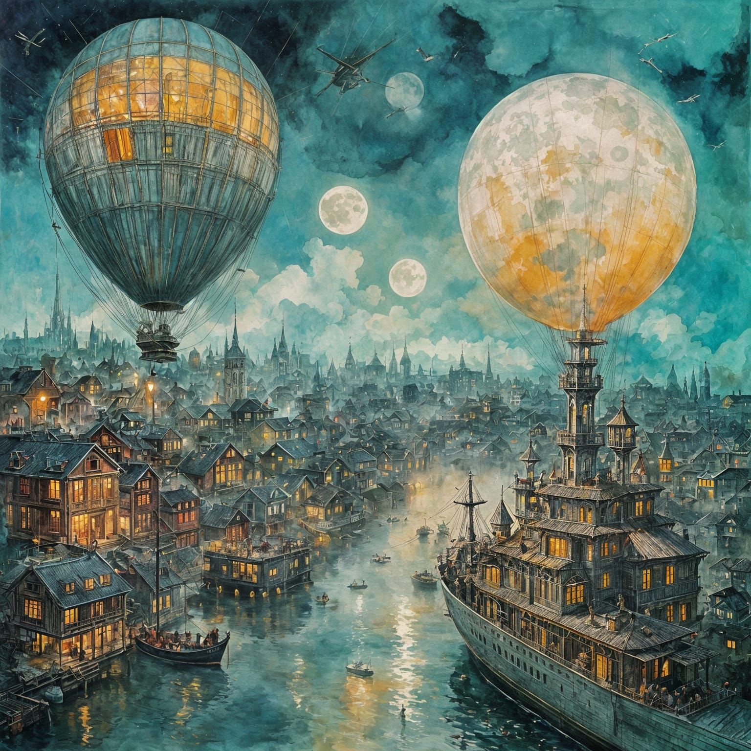 Retro-Futuristic Cityscape with Airships in Gouache Style