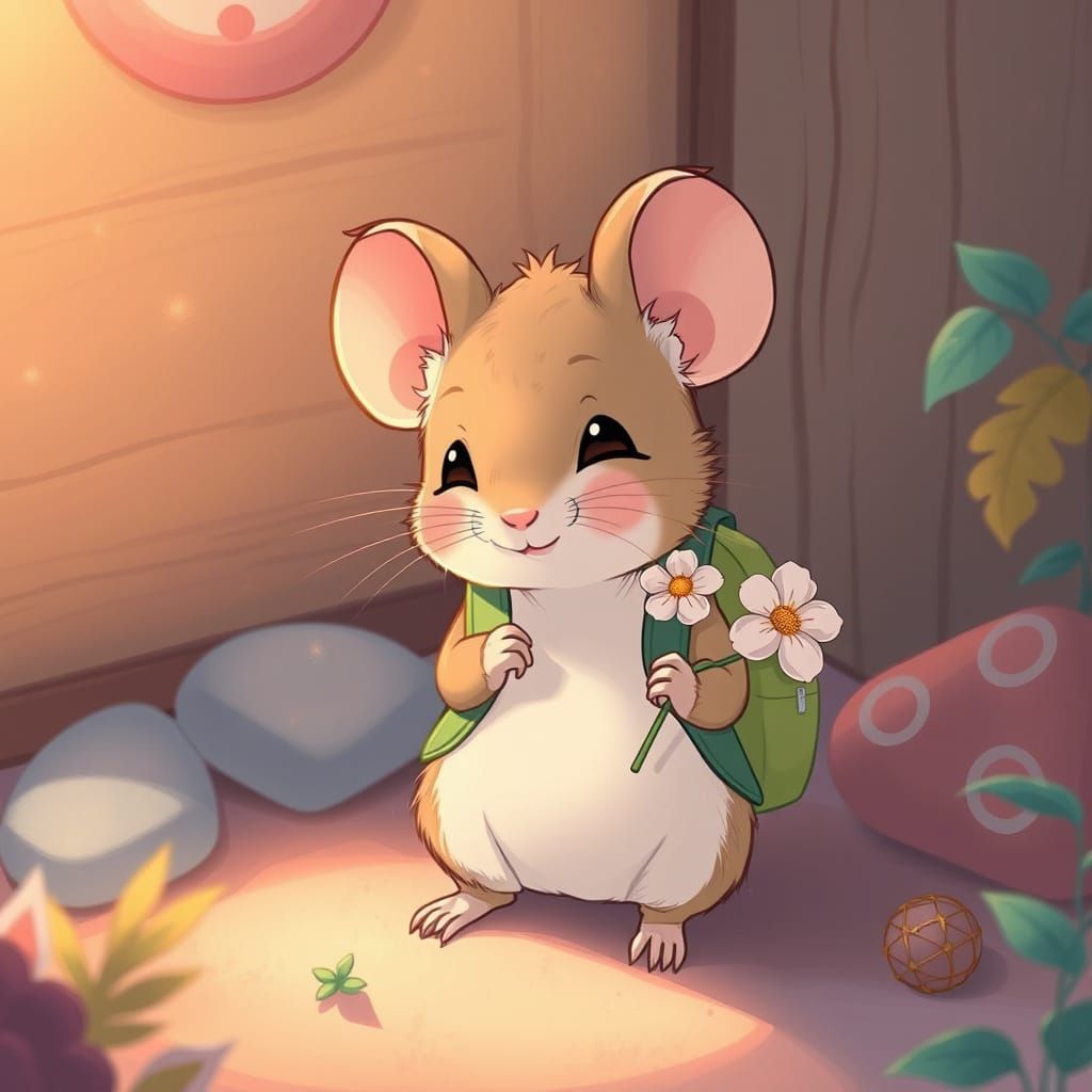 Timid Mouse with Flower in Pastel Anime Style