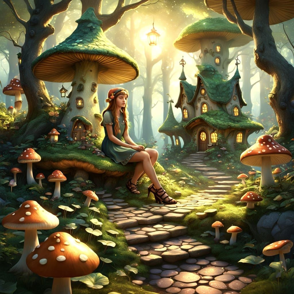 Fairytale Forest Fairy on Mushroom, Digital Matte Painting