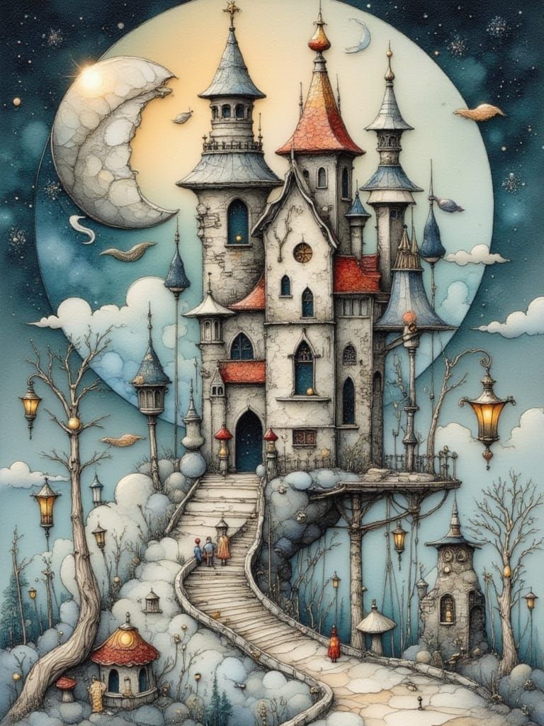 Whimsical Doll Castle Floating Under Twin Moons