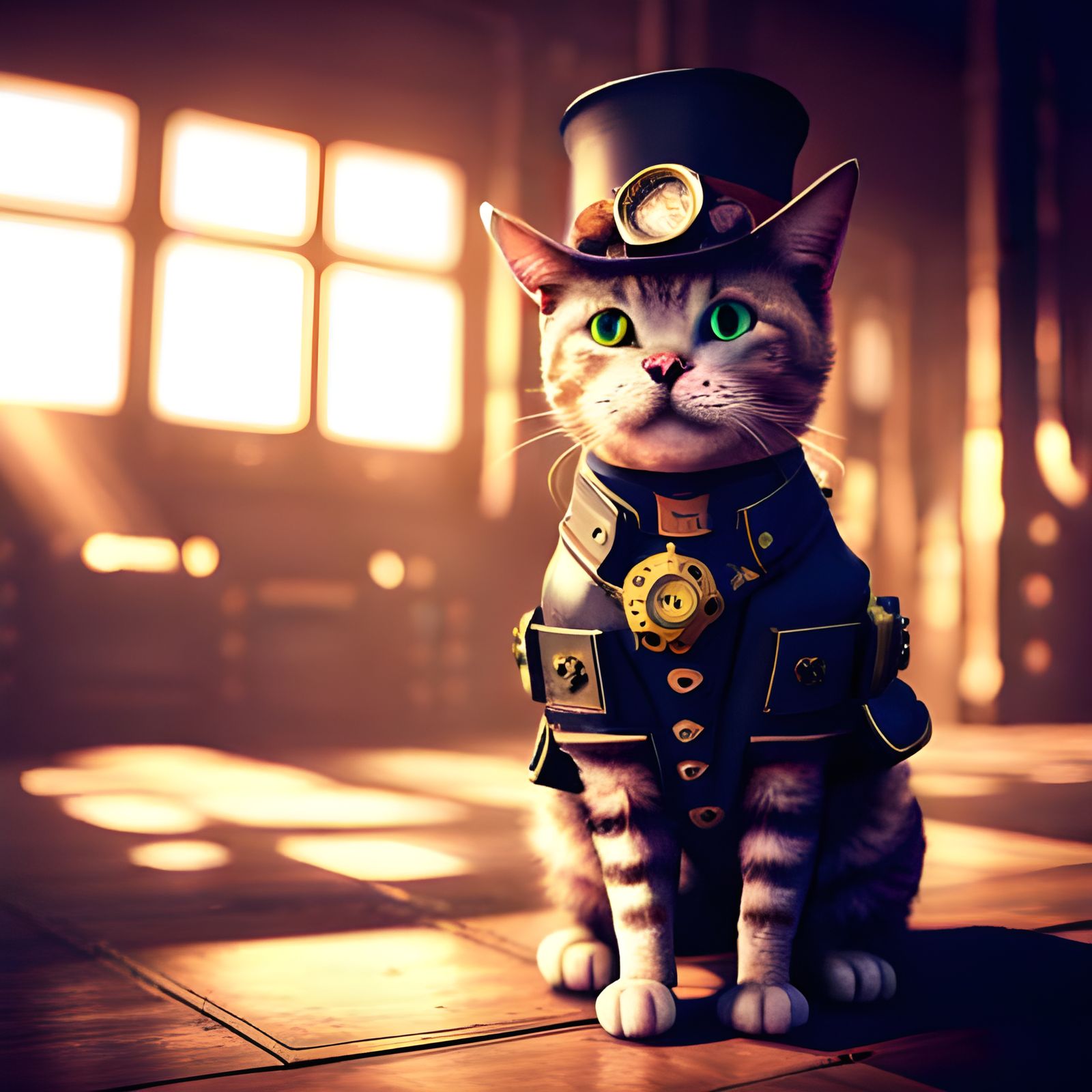 Steampunk Cat in Laboratory: 3D Render