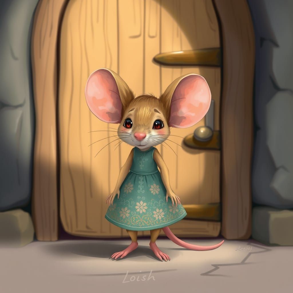 Embroidered Mouse Before a Door, in Cartoon Style