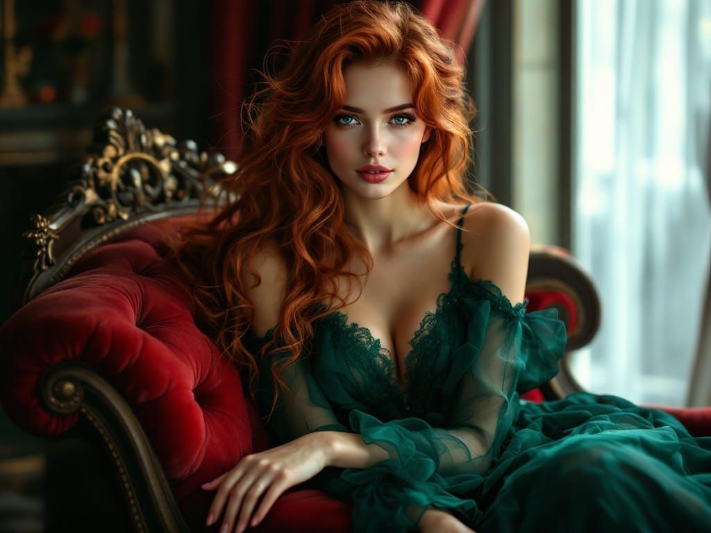 Elegant Victorian Lady in Red Hair and Green Gown