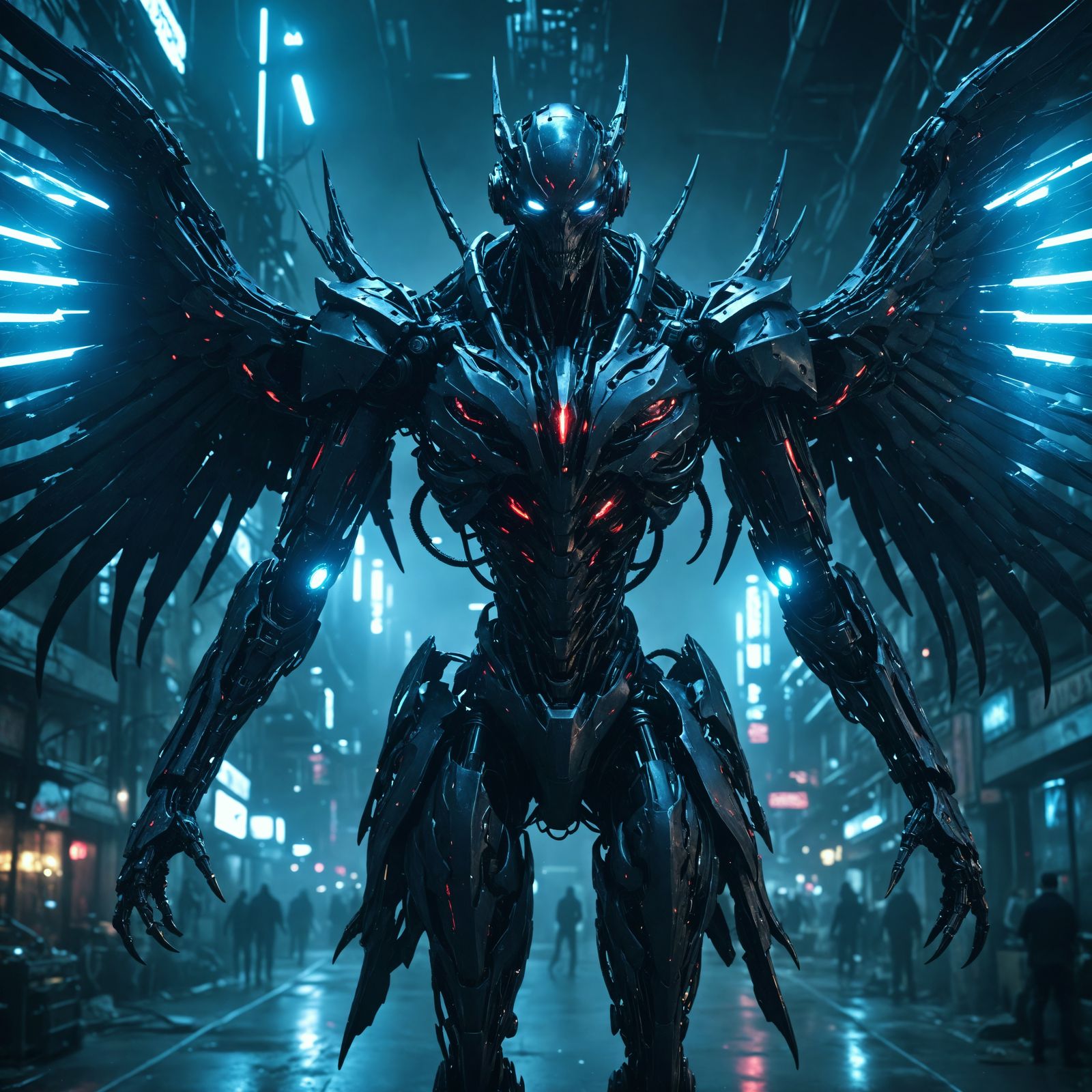 Cyber-Demonic Humanoid with Mechanical Limbs in Cyberpunk St...