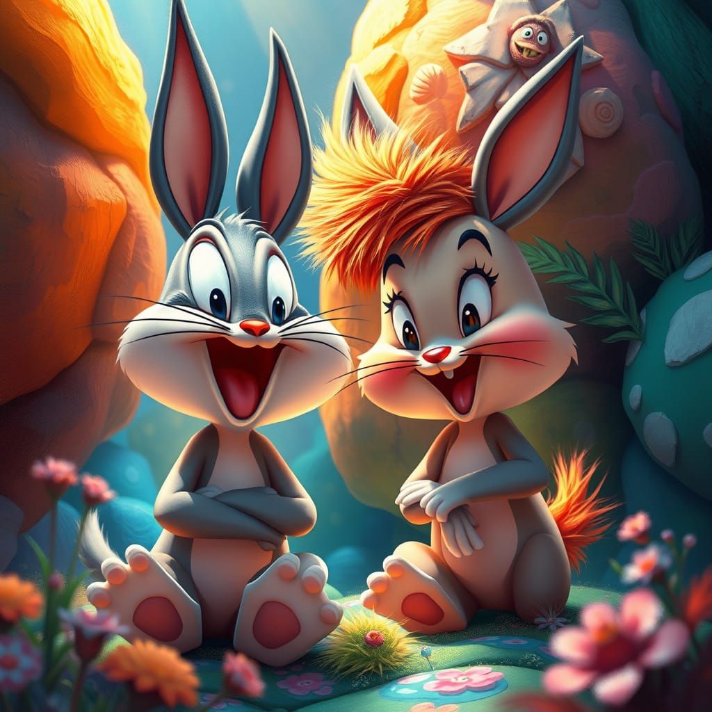 Vibrant Looney Tunes Characters in Whimsical Dreamlike Scene