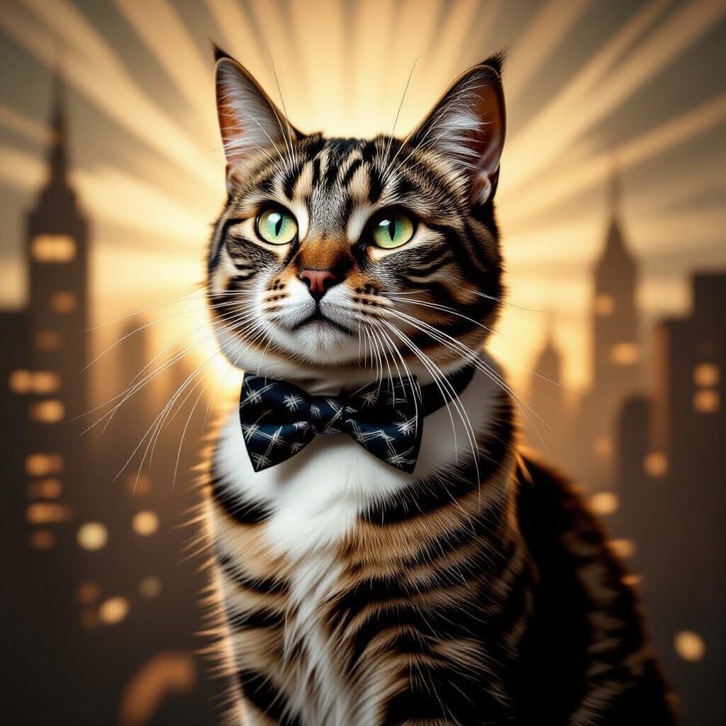 Sophisticated Cat in Motion Blur: Retrofuturistic Cityscape