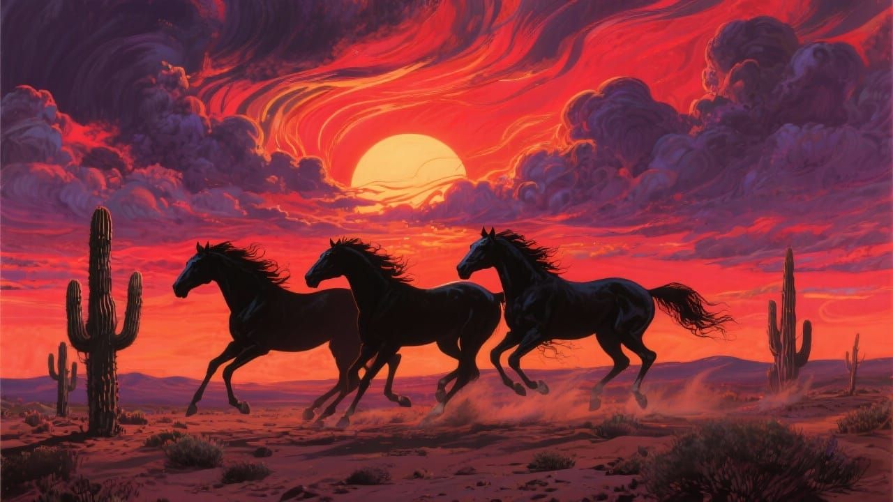Wild Horses Galloping at Dramatic Sunset Airbrush Style